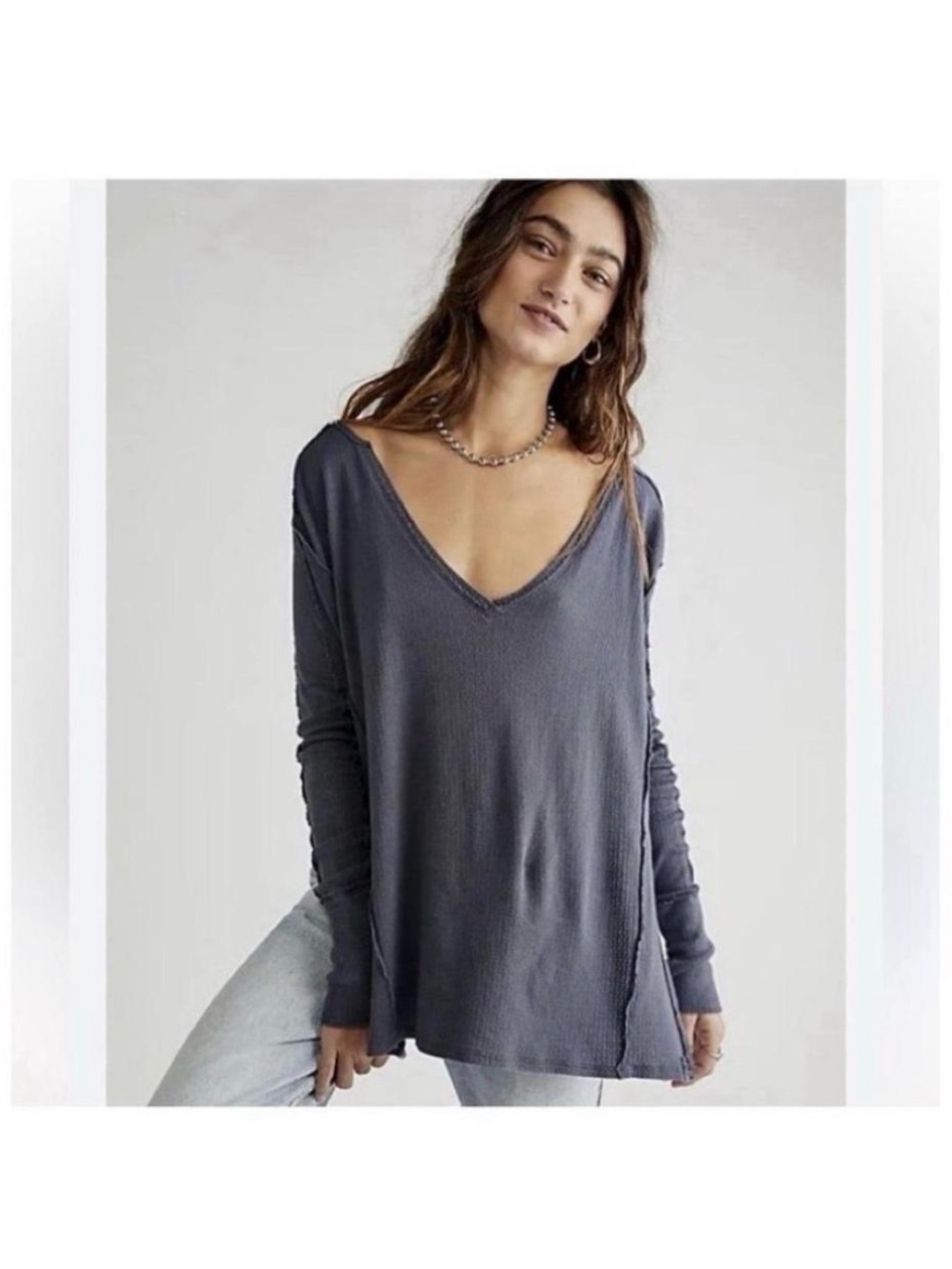 We The Free Washed Charcoal V-Neck Long Sleeve Top